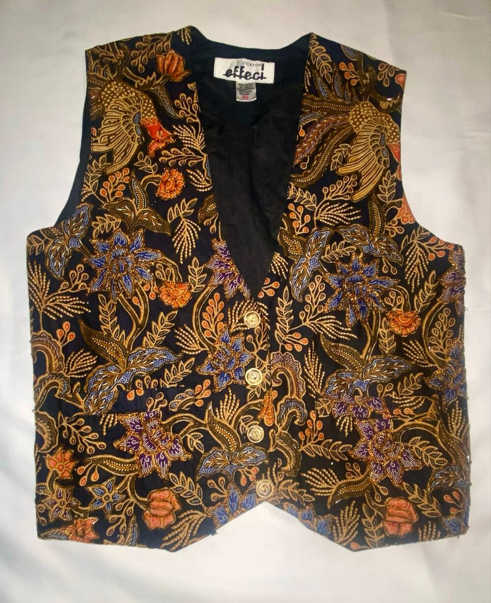 Vintage 90s Creazioni Effeci Beaded Vest – Floral Batik Art-to-Wear Boho, Size M